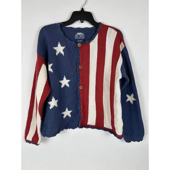 Rey Wear Sweaters - Vtg. USA American Flag Sweater Navy Oversized SM/MED Y2K Preppy Cardigan Heart